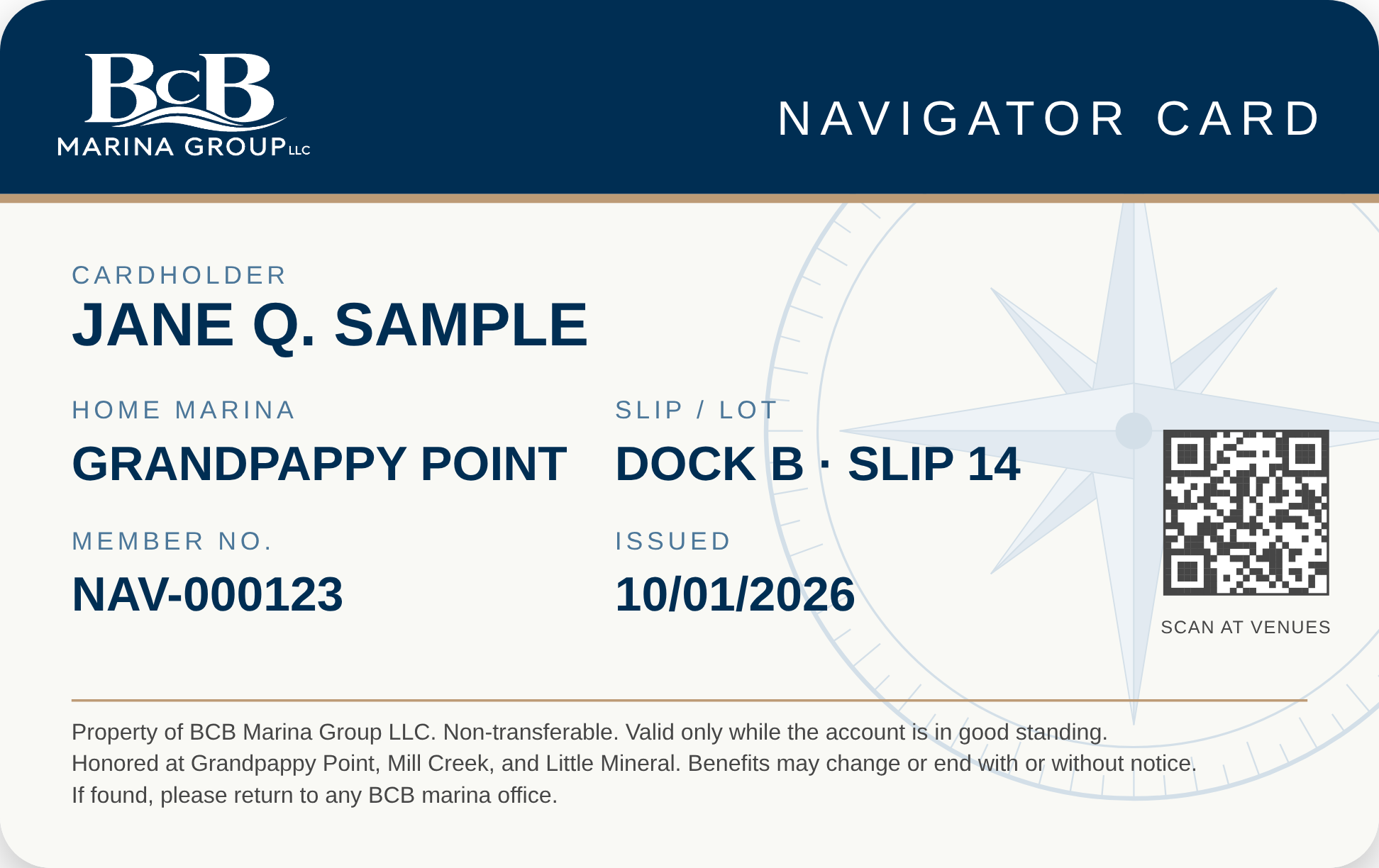 Back of the BCB Navigator Card, showing cardholder name, home marina, slip or lot, member number, and issue date